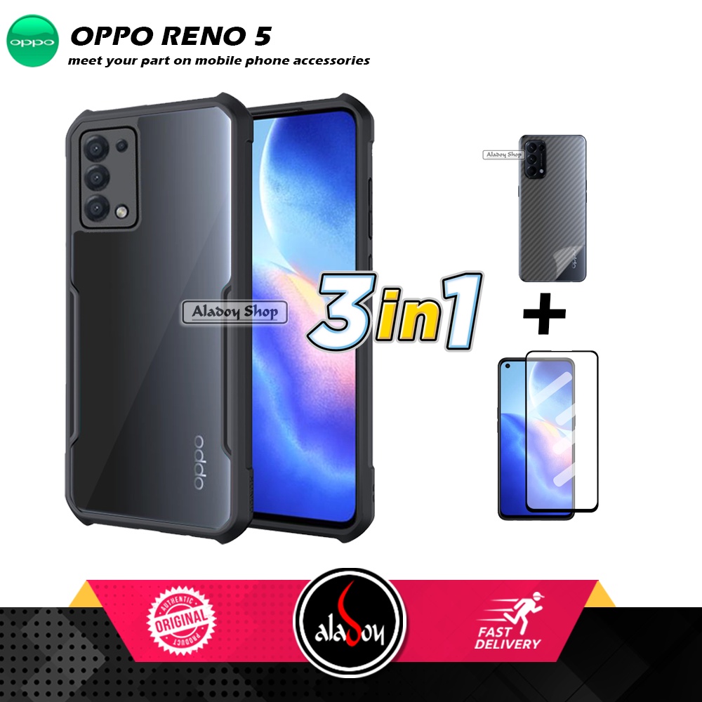 Case Oppo RENO 5 Armor Fushion Transparent Casing + Tempered Glass Full Layar dan Skin Carbon