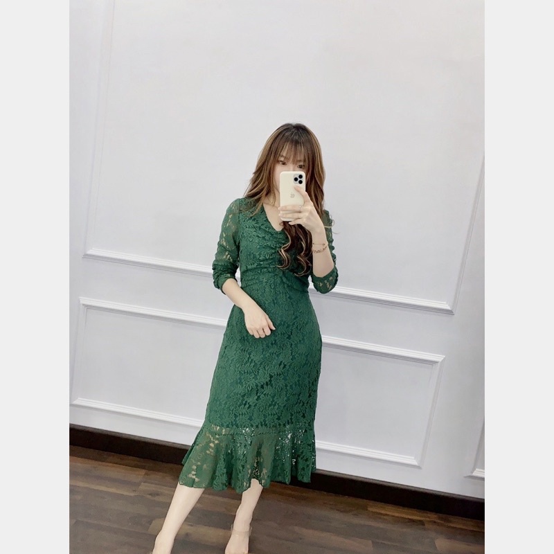 Fiona Lace dress brukat mermaid dress midi floral dress brokat vneck dress casual emerald green dres