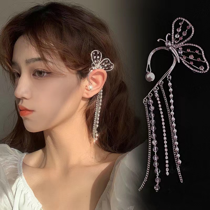 Anting Klip Tanpa Tindik Desain Pita Rumbai Hias Berlian Imitasi Berkilau Gaya Korea Untuk Wanita