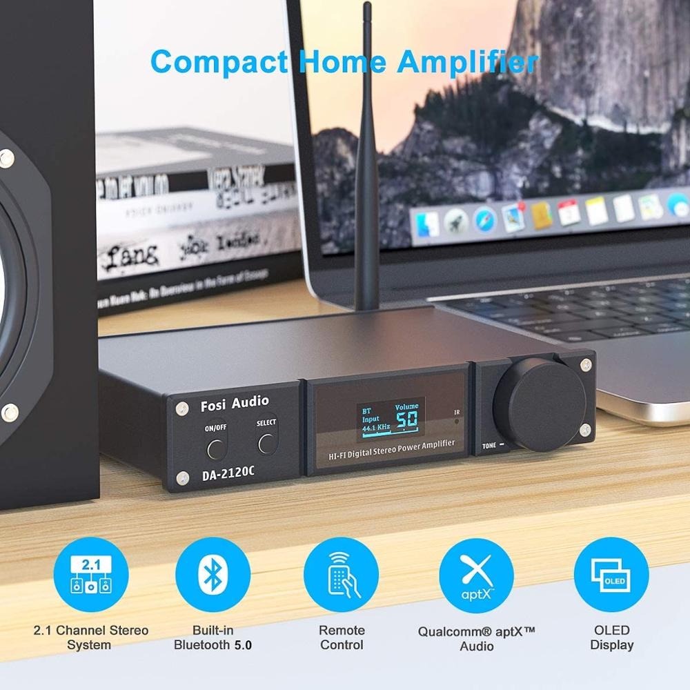 Fosi Audio Bluetooth 5.0 Amplifier 2.1 Channel Stereo Amp Receiver with Remote - DA2120C - Black