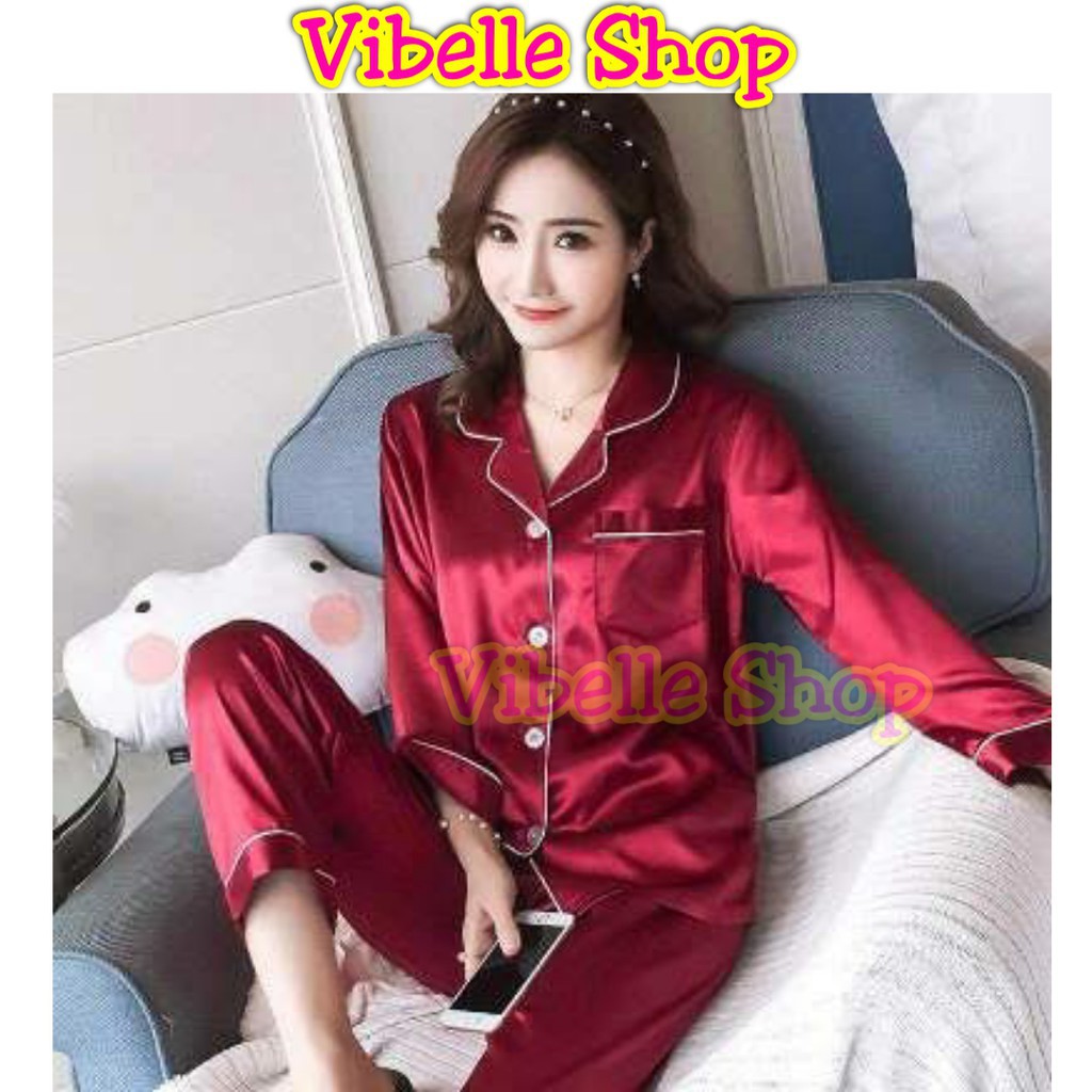 SATINPP - Vibelle Baju Tidur Piyama Satin Silky Velvet Premium Wanita-Maroon