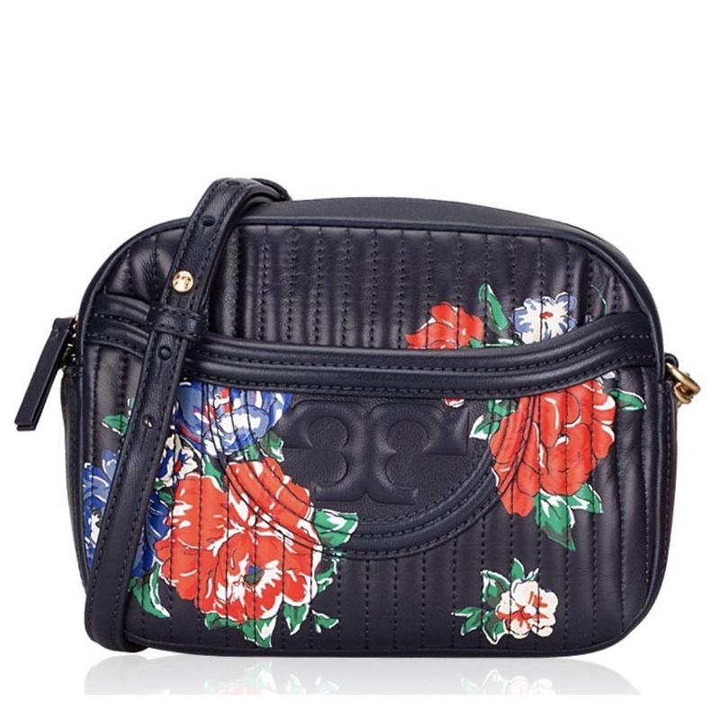 TORY BURCH TB FLEMING SOFT PRINTED CAMERA BAG NAVY TEA ROSE