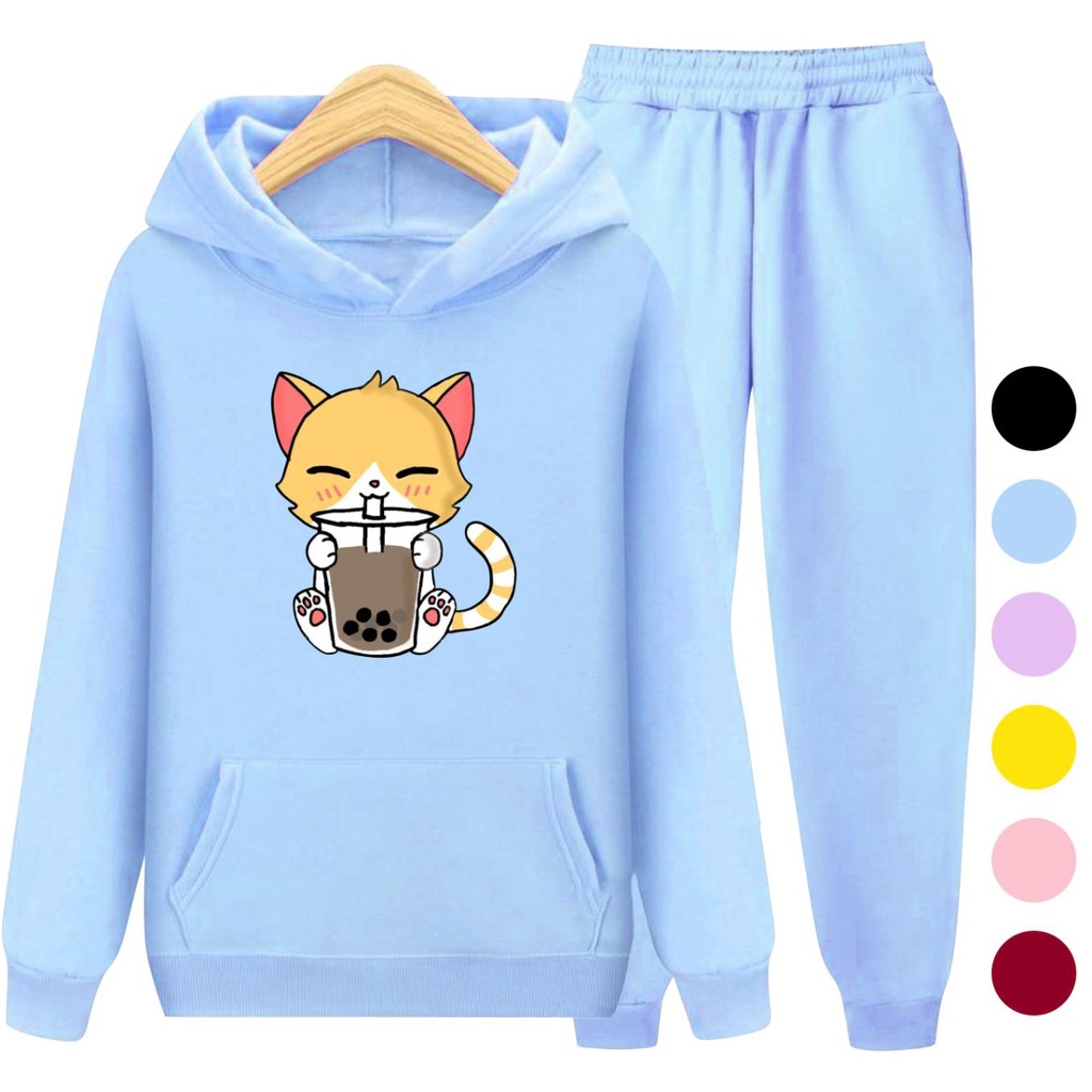 Setelan Sweater Hoodie CAT BOBA / Sweater Anak-Anak Remaja Size S, M , XL , XXL