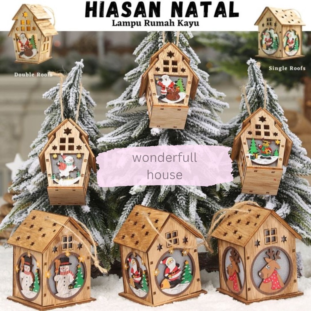 Hiasan Lampu Rumah Kayu Hiasan Pohon Natal Hiasan Christmas Lamp Wooden House Dekorasi Rumah