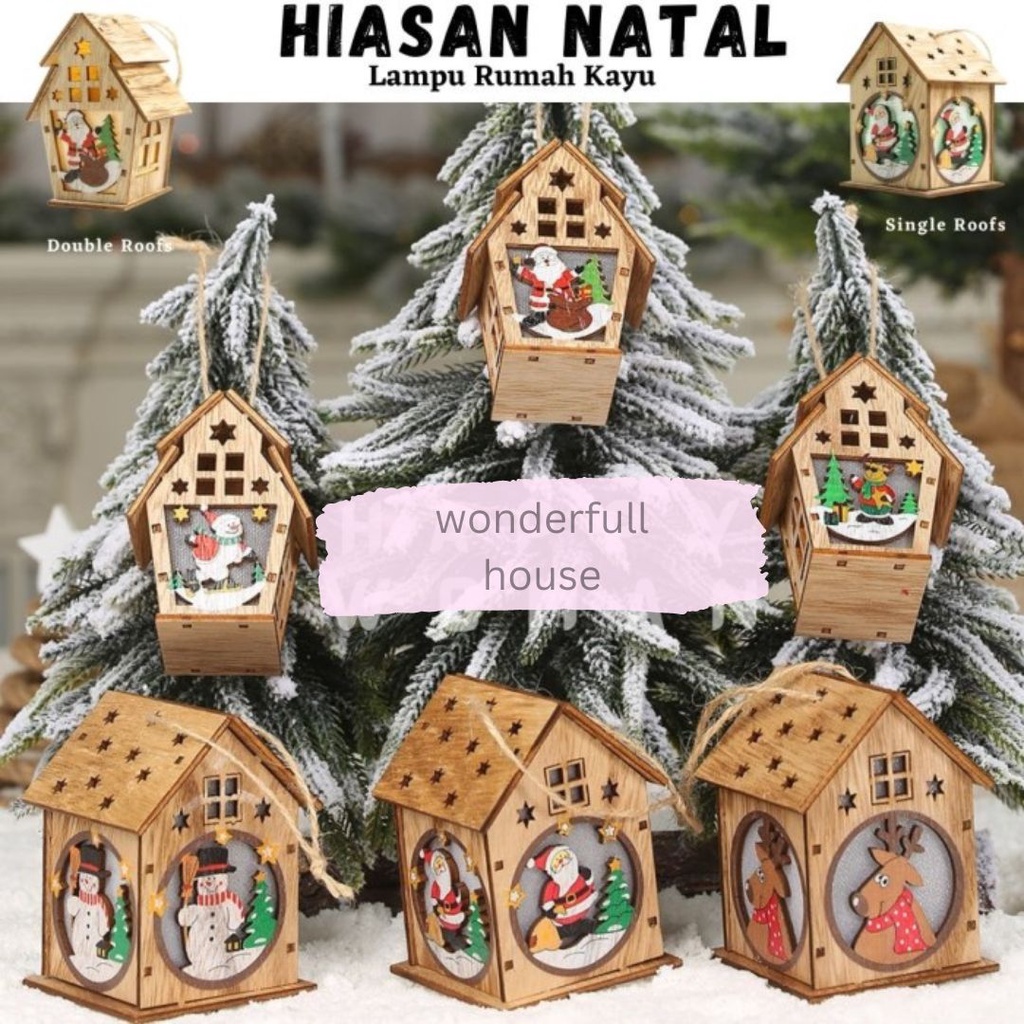 Hiasan Lampu Rumah Kayu Hiasan Pohon Natal Hiasan Christmas Lamp Wooden House Dekorasi Rumah