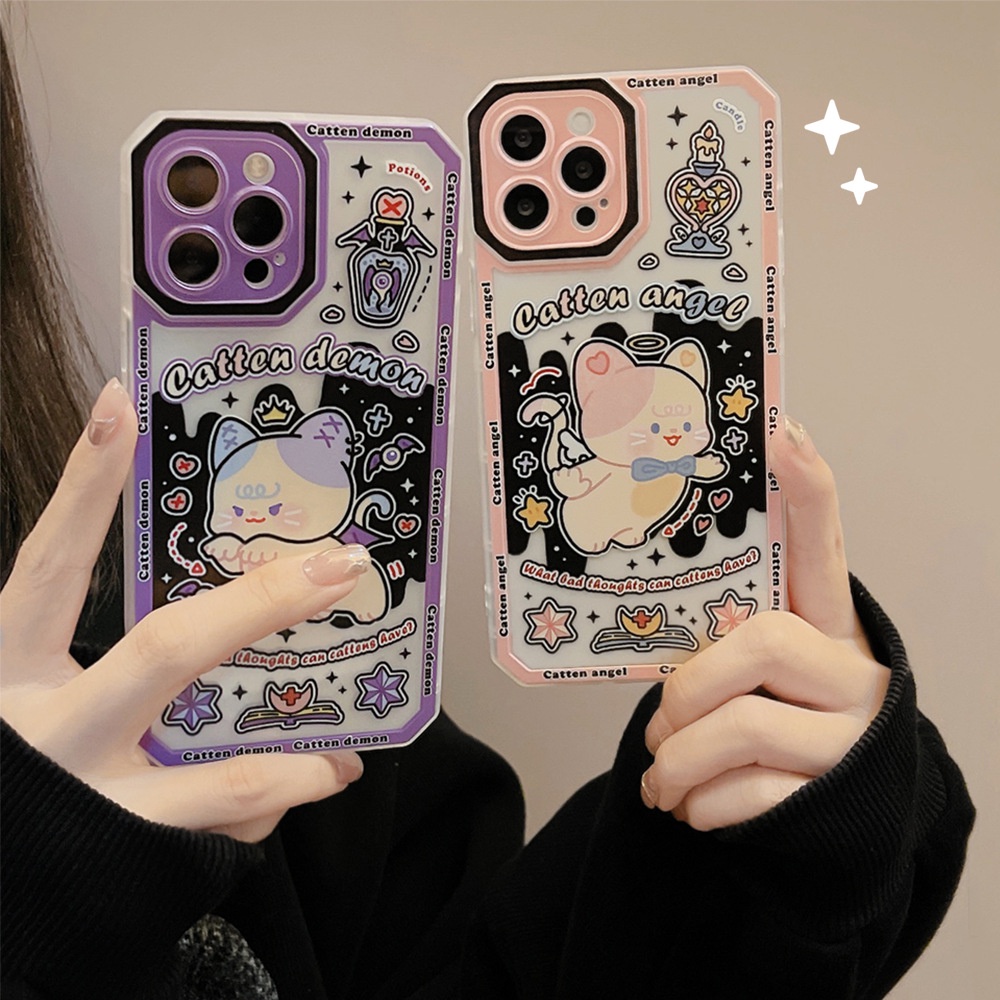 Case Pelindung Penuh Desain Kartun Angel and Demon Cat Untuk Iphone 7 8 PLUS X XR XS 11 12 13 MINI PRO MAX SE 2020