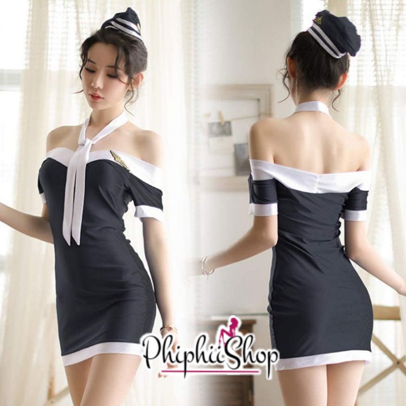 Setelan Kostum Seragam Pramugari fit XL Sexy Stewardess Cosplay Costume Lingerie