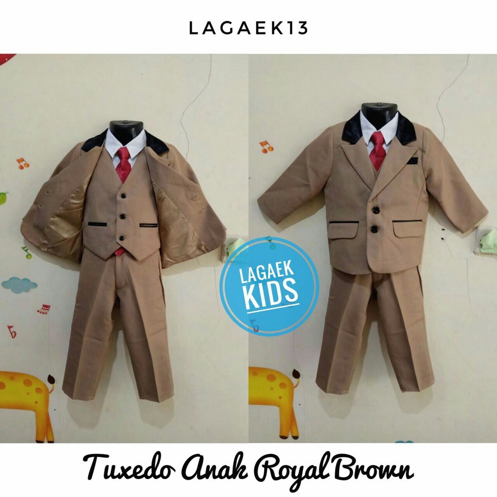 Setelan Jas Anak Laki Premium Usia 1 2 3 5 6 7 8 9 10 COKLAT - Jas Anak Cowok 8in1 Dasi Panjang Tuxedo Coklat Gold