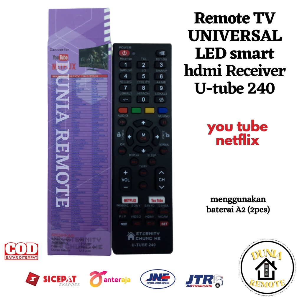 Remot Remote Multi Universal U TUBE 240 SMART ANDROID LED LCD berbagai merk (tcl, changhong, LG, dll)