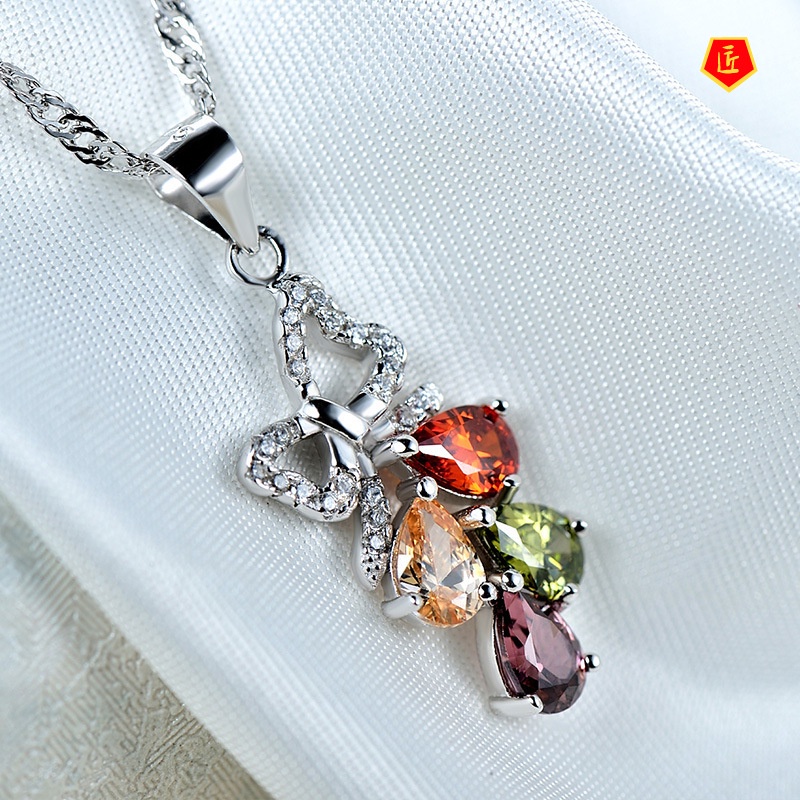 [Ready Stock]Silver Necklace Women's Four Color Zircon Pendant Fashion Elegant