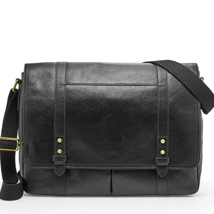Tas Laptop Selempang Messenger Pria Fossil Travis Messenger Black Full Leather Original Sale