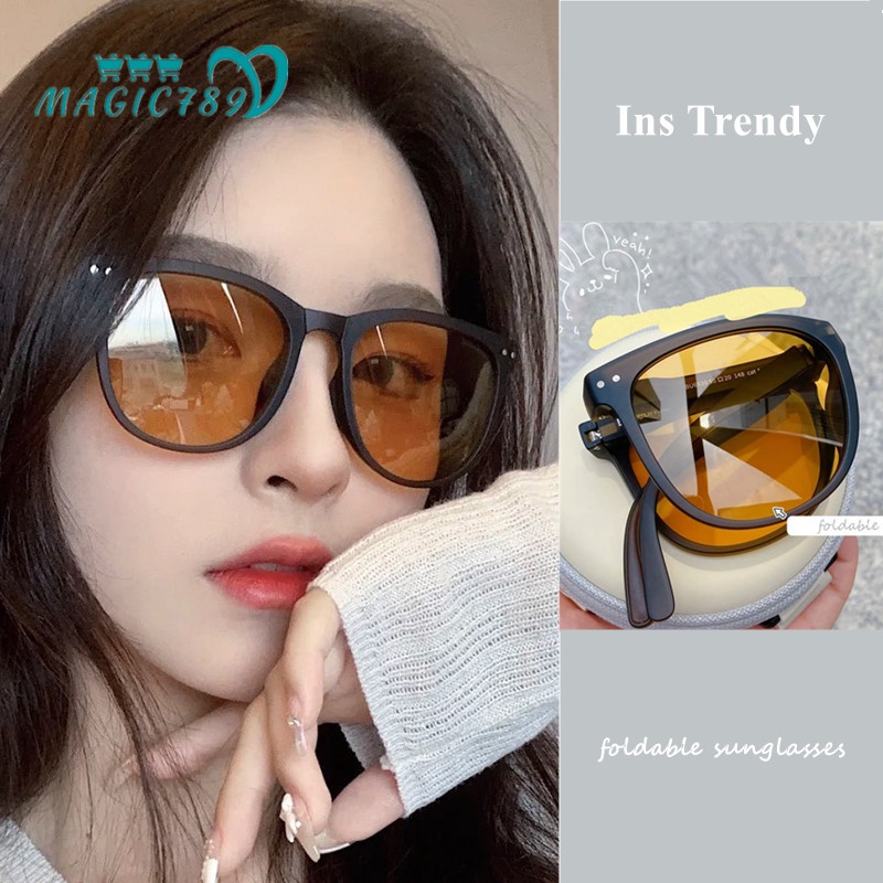 Papaozhu Ins Trendi Paragraf Lipat Bingkai Coklat Kacamata Hitam Untuk Wanita Pria Fashion Polarized Shades Personality UV400 Protection Eyewear