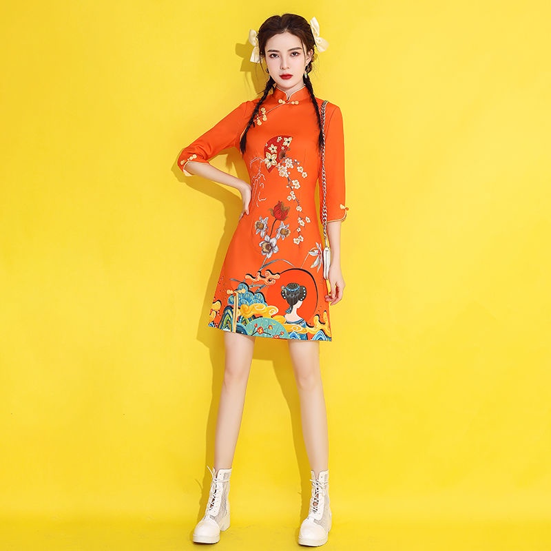 Guochao cheongsam 2023new young spring and autumn orange improved short spring Chinese women's dres