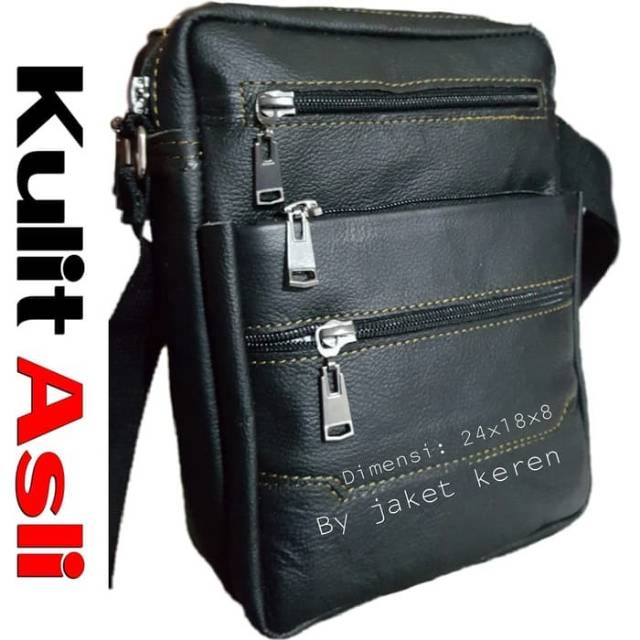Tas slempang pria kulit asli Seleting  banyak keren ngga Mesti mahal-Hitam