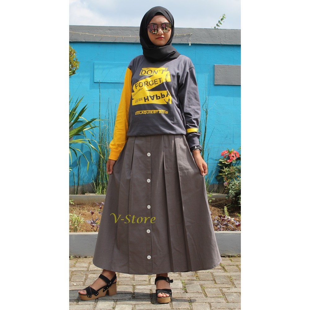 Rok Rempel Depan Rok Panjang Wanita Rok Katun / Rok Panjang Kancing Rok Modis Warna Hitam Abu Tua