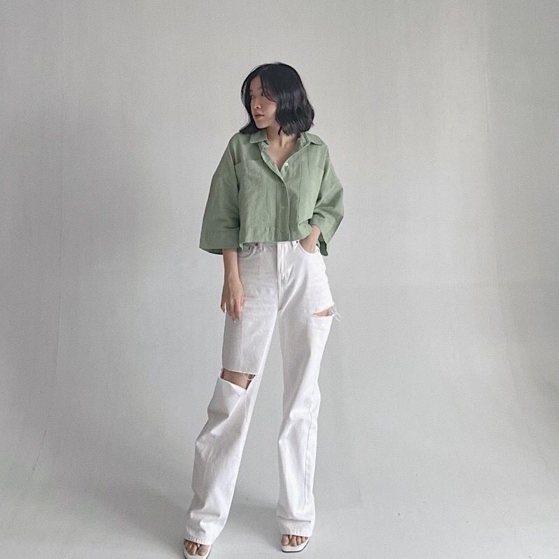 Kemeja Basic Crop Linen Pocket - Oversized Shirt Linen - Outer Crop Linen - Atasan Wanita Fashion Wanita Termurah &amp; Terlaris