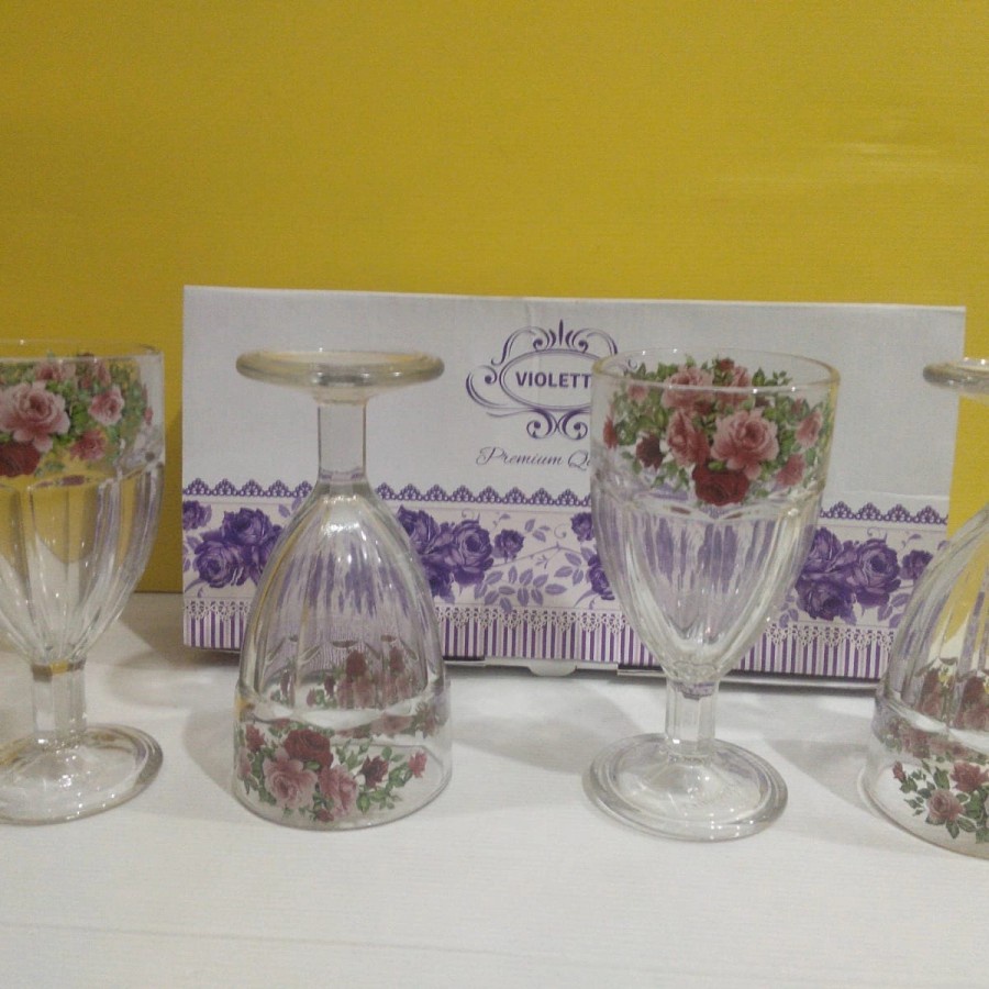 Gelas Kaki Kaca motif bunga isi 4pcs