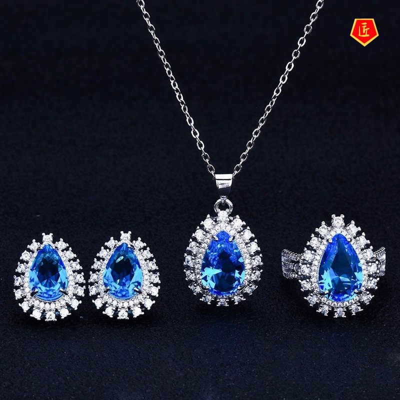 [Ready Stock]New Luxury Colored Gems Set Female Stud Earrings Necklace