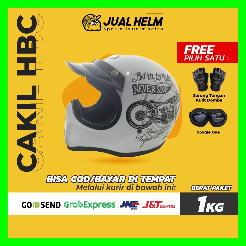 HELM CAKIL HBC BORN TO RIDE PUTIH ( Fullface / Retro / Klasik / Vespa )