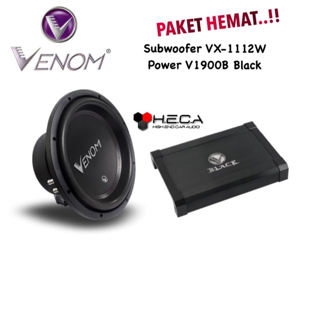 Paket Audio Mobil Venom Black Series Subwoofer VX-1112W + Power Amplifier Monoblock V1900B