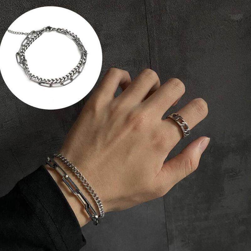 Ins Hip Hop Simple Double-Layer Chain Metal Bracelet Gelang Unisex