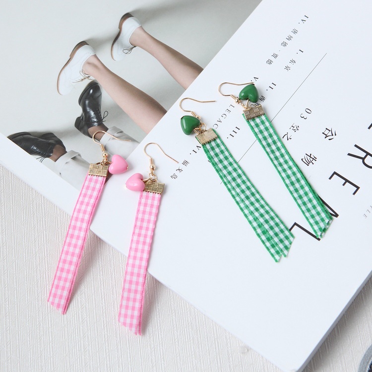 Jepang dan Korea gaya sederhana cute plaid pita anting-anting hati cinta multi Warna rumbai anting-a