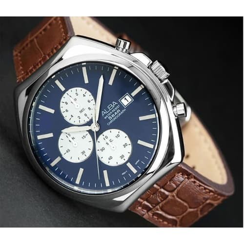 Alba AM3485X1 Jam Tangan Pria Original AM3485 Blue Brown Leather Chronograph 43mm