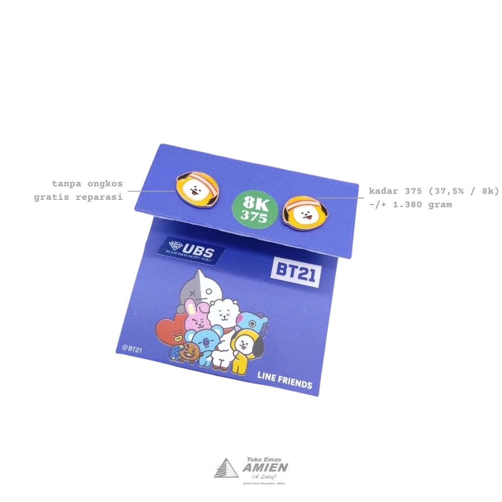 Toko Emas Amien Anting Tusuk Emas Asli UBS Kadar 375 (37,5% / 8K) 1.380 gram - Giwang Line Friend BT