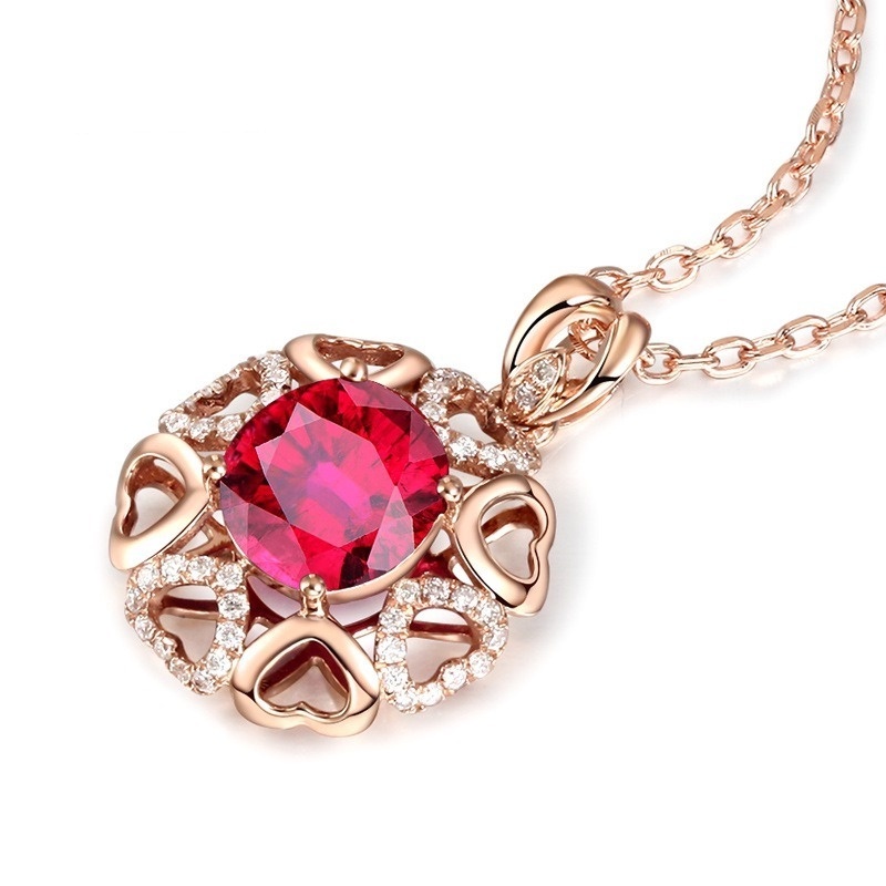 [Ready Stock]Fashion Ruby Diamond Flower Heart Pendant Necklace