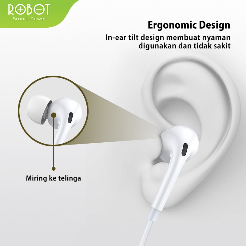 Robot Wired Earphone RE502 White Stereo Bass Earphone Original - Garansi 1 Tahun