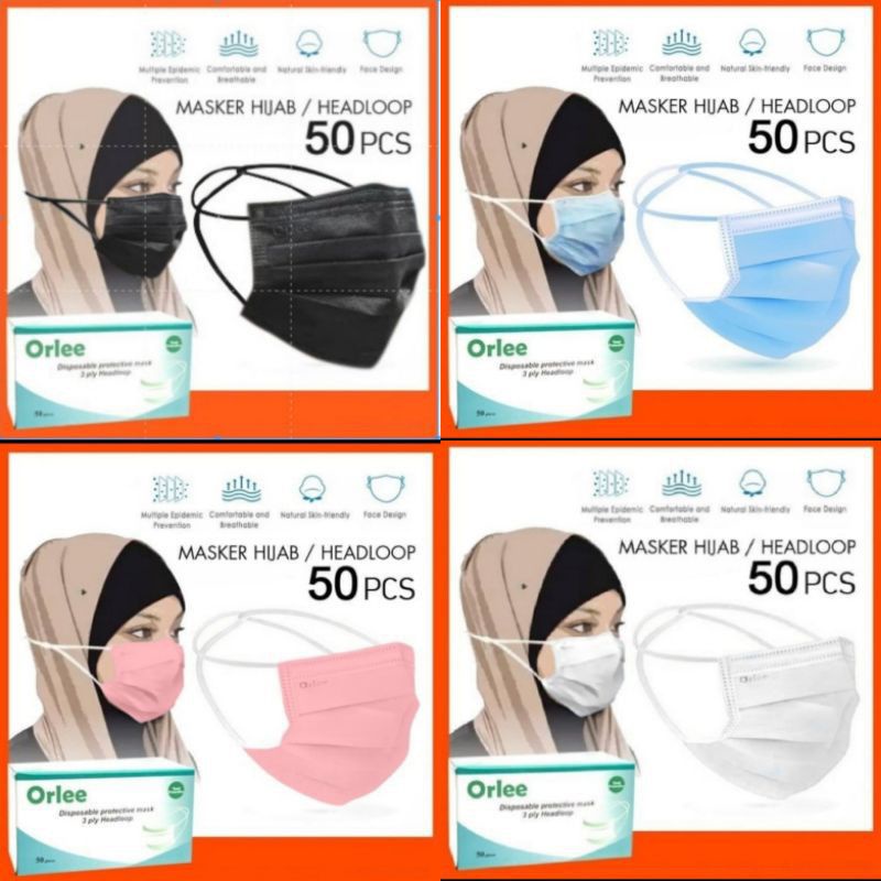 Masker Hijab 3 Ply Kemenkes ORLEE Box isi 50 pcs Headloop Pink / Hitam