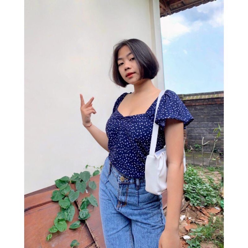 Baju crop wanita polkadot sabrina crop top puffy sleeve top crop top korea