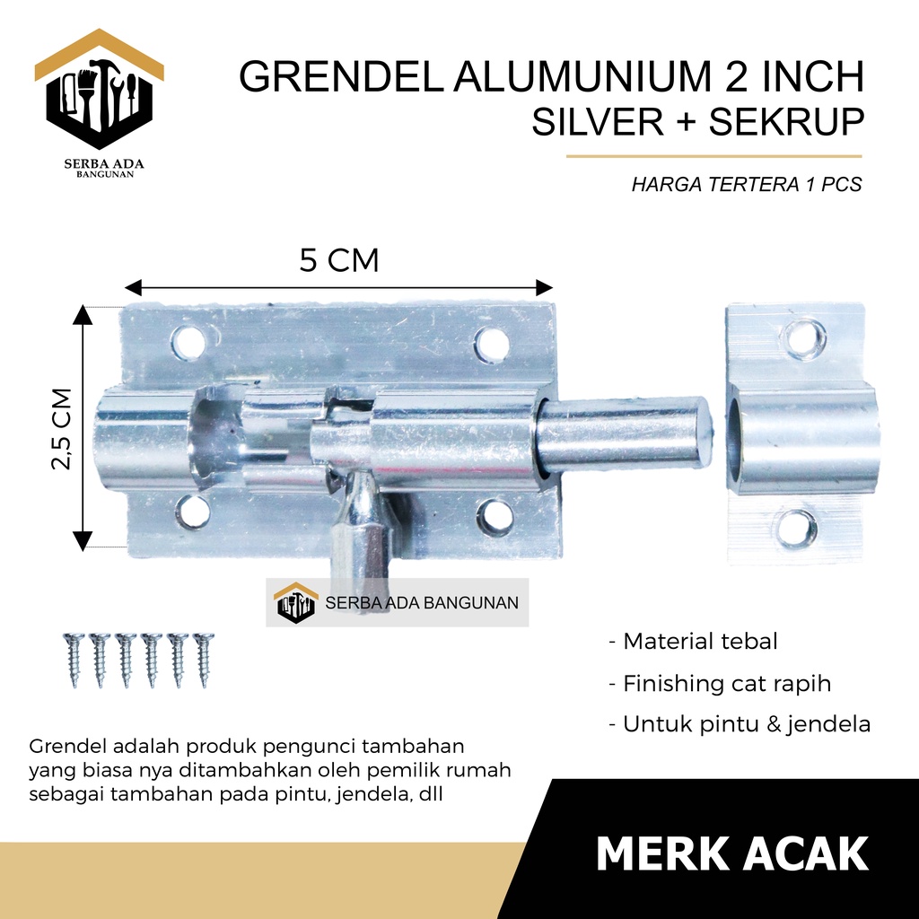 Grendel Aluminium (MERK : TOP ORIGINAL 100%) Slot Pintu Jendela 2 Inch / 6 cm I Selot Alumunium Tebal Skrup Baut