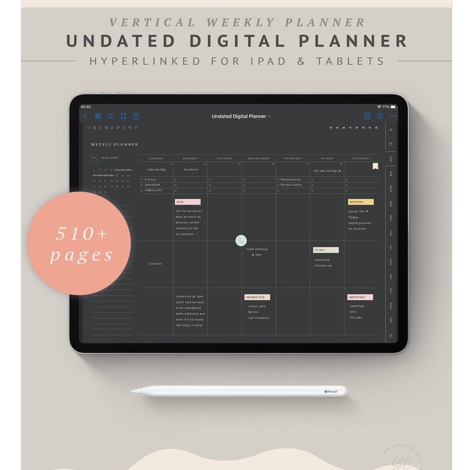 Digital Journal &amp; Planner - Undated Blackout Daily Planner for Goodnotes, Notability, Xodo, (Full Page Hyperlinked)