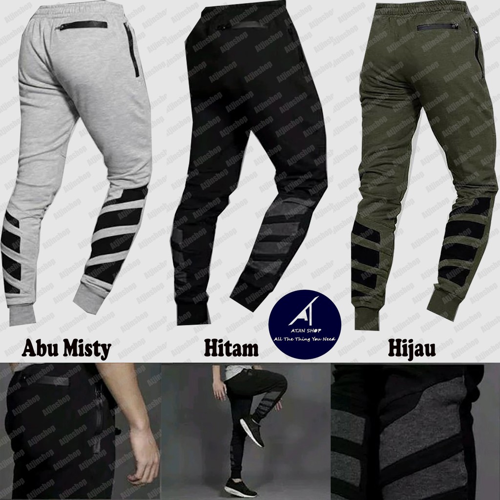 Atjin Premium - Celana Training Jogger Joger Pria Tebal dengan Risleting Anti Air