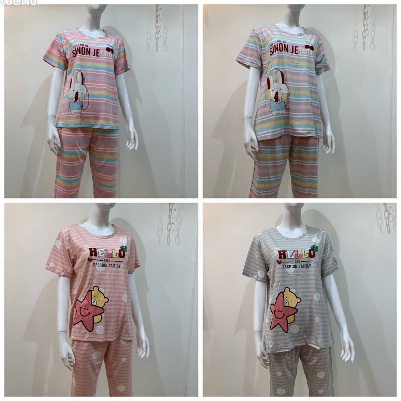Piyama tidur wanita baju pendek celana 7/8 style korea set