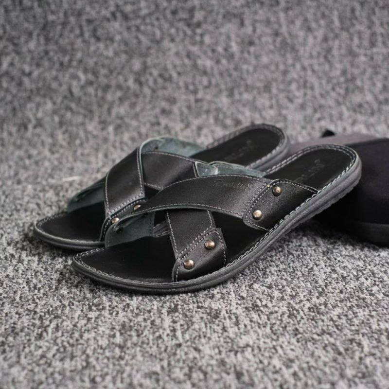 BRLN 003 Black Sandal Pria Casual Kulit Asli Terbaru Sendal Slide Selop Santai Harian Warna Hitam