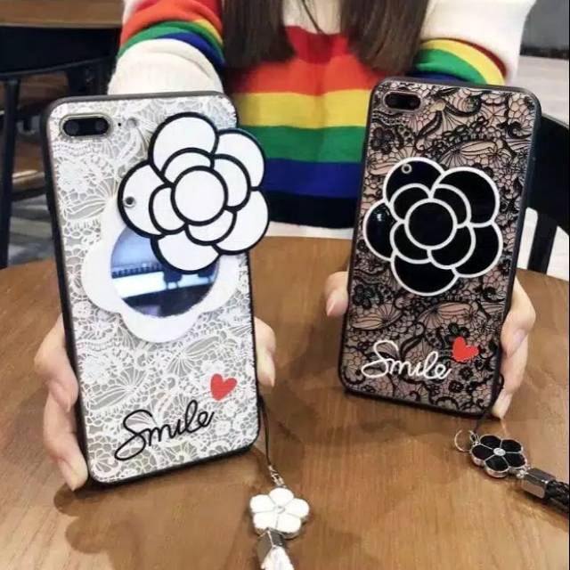 Case renda kaca + tali bunga smile Samsung J3 J5  2015 J1 2016 J7 2016 J7 pro J120 J500 J310 J710 J3