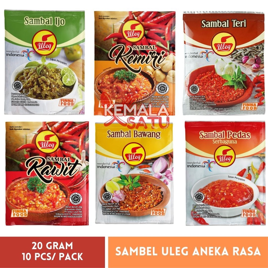 

Sambal Sambel Uleg Bawang Rawit Ijo Teri Terasi Kemiri Pedas FINNA Sachet