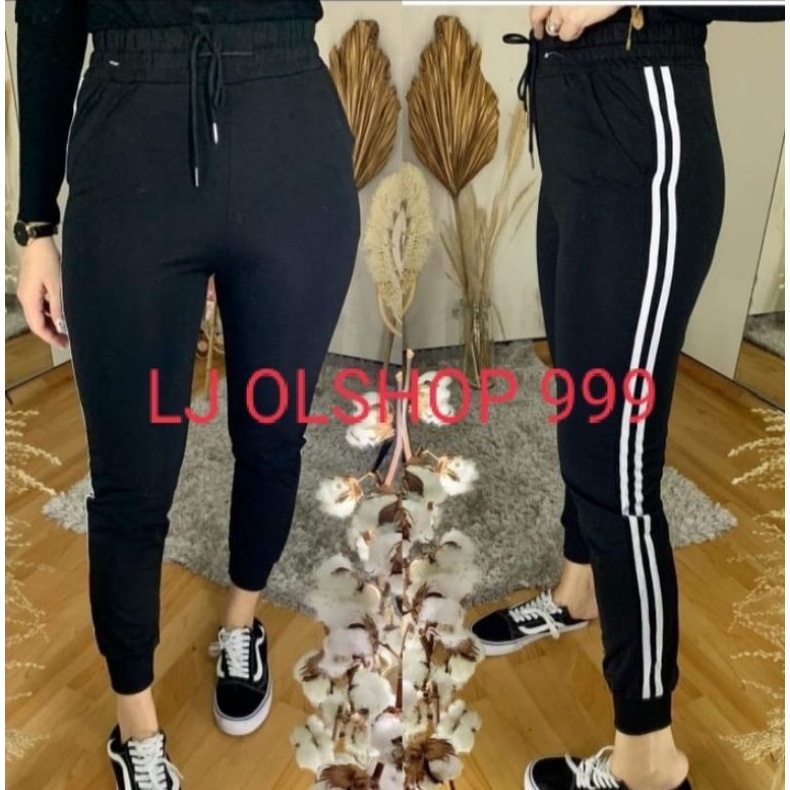 celana jogger pants wanita list putih kaki ban celana jogger polos wanita bahan scuba celana panjang
