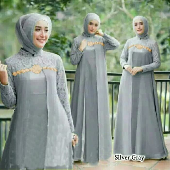 ➥ Sahila Syari Ori Terbaru Gamis Brukat Glitter Bergo Antem Ab SY565  Maxi / Baju Dress Muslim Elena