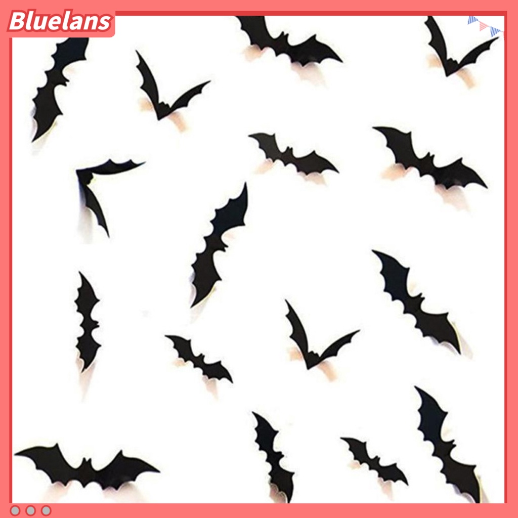 12 Pcs Stiker Dinding Desain Kelelawar 3D Warna Hitam Untuk Halloween