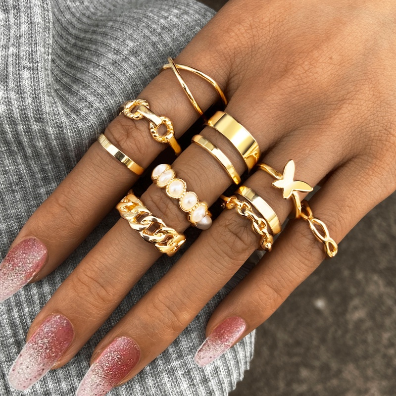 Fancyqube 10pcs / Set Cincin Rantai Emas Geometris Gaya Hip Hop Punk Untuk Wanita
