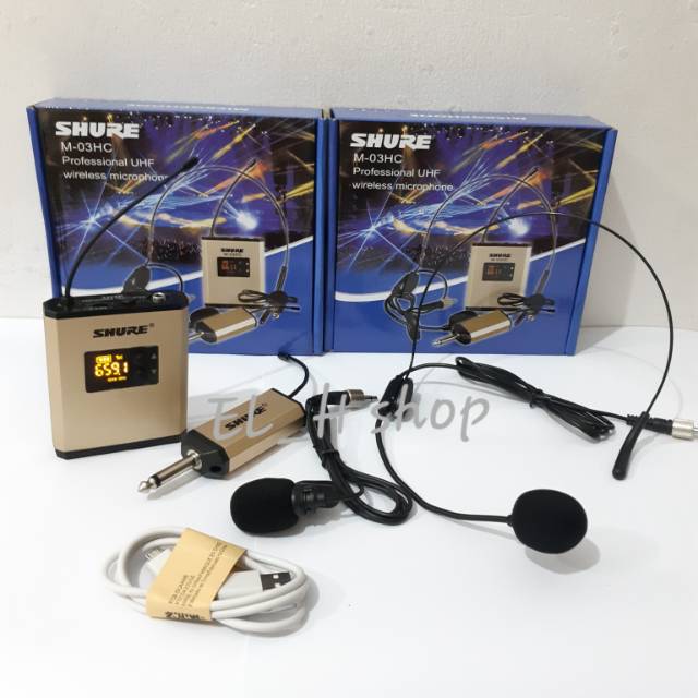 Mic wireless shure M 03 HC/ mic jepit wireless shure M03 HC/ mic clip on+headset shure/ mic kancing