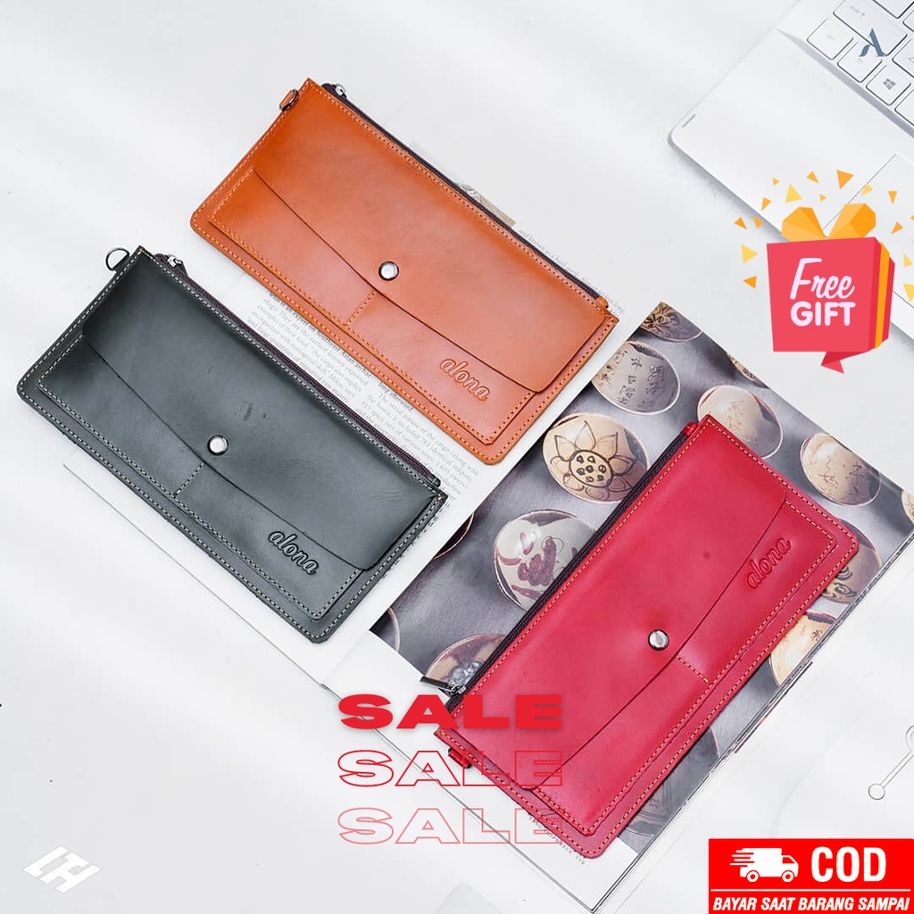 Dompet Panjang Tipis Wanita Kulit Asli dengan Tali Tangan dan Penutup Resleting - Original Alona Sha