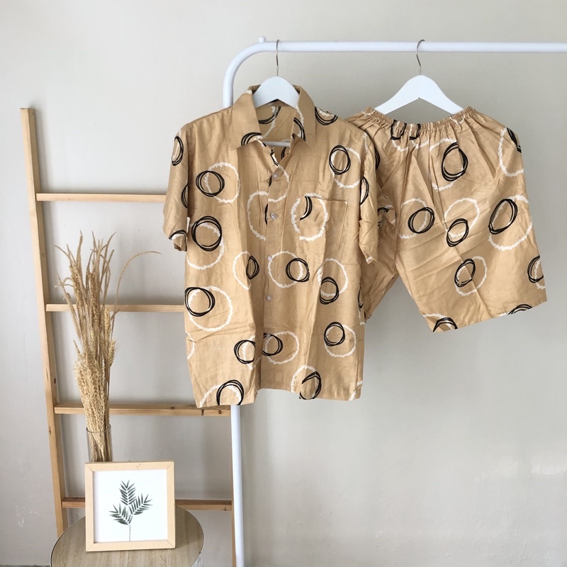 hirafa - One Set Setelan Atas Bawah Full Kancing / Baju Santai Tie Dye / Baju Wanita Pria-Double Ring - Cream