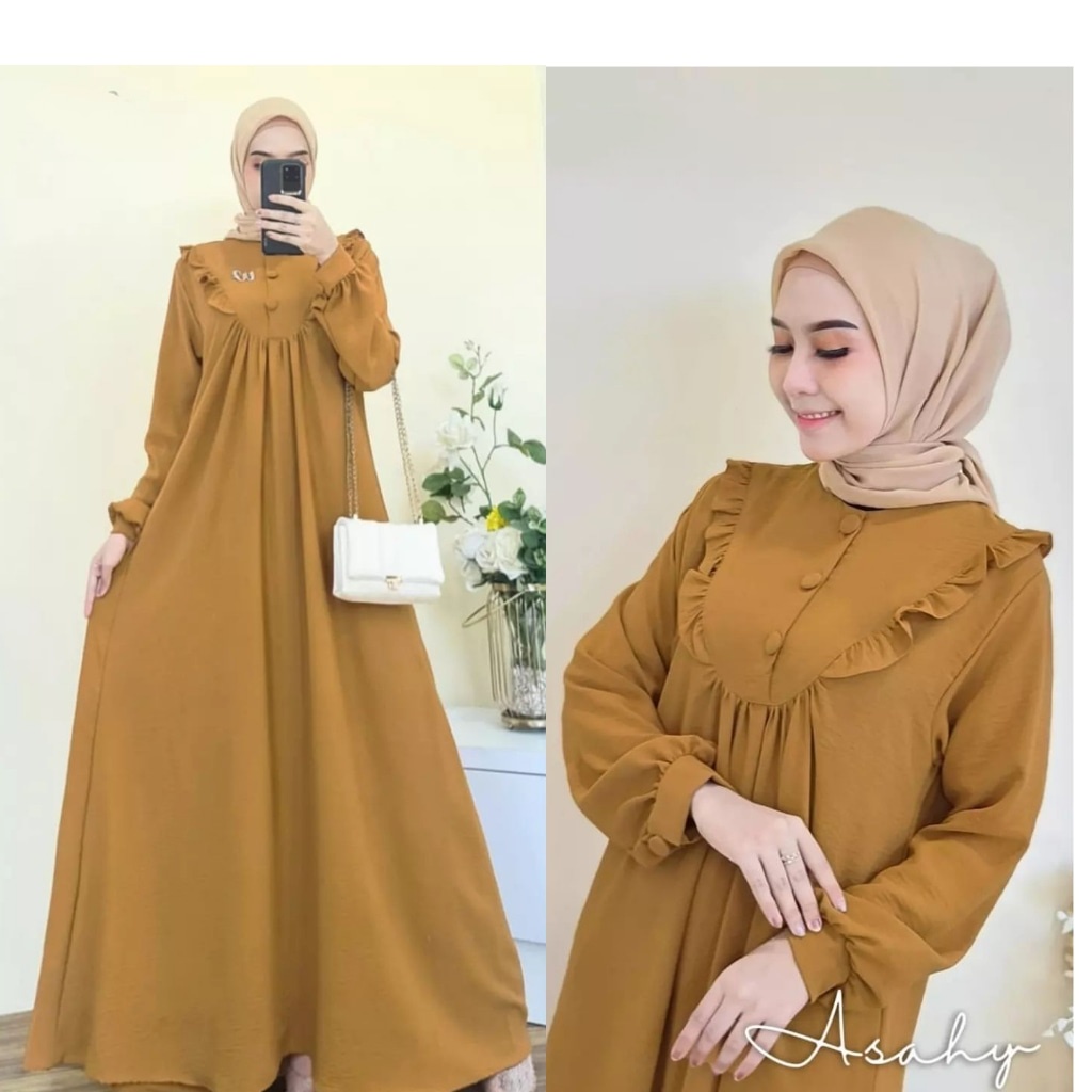 Asahy Dress Gamis Wanita  Kancing Depan Busui Aksen Rempel Bagian Dada Model lengan Balon Bahan Crincle Ukuran Jumbo XL-XXL