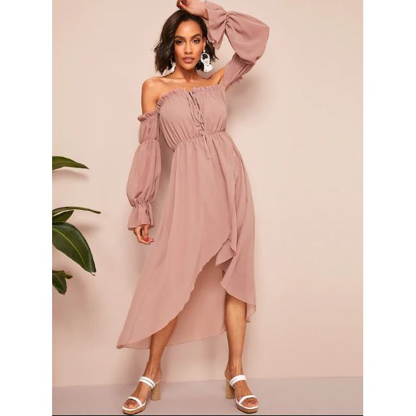 SHEIN Off Shoulder Frilled Trim High Low Hem Dress