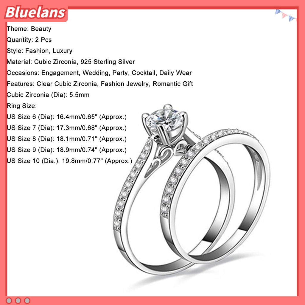 Bluelans 2Pcs Ring Shiny Cubic Zirconia Plated Silver Romantic Couple Finger Ring