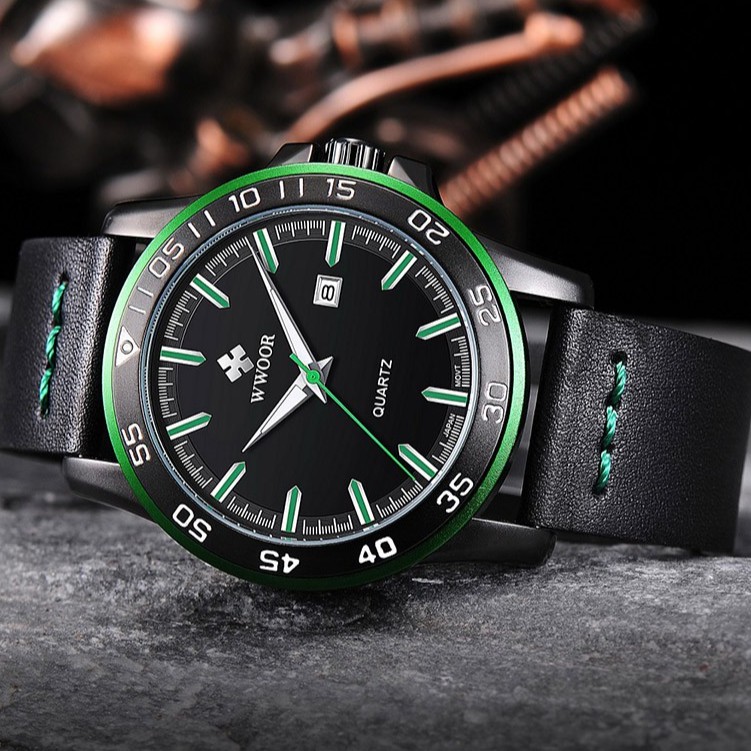 WWOOR ORIGINAL 8834 Green Jam Tangan Kasual Pria Tali Kulit wwor